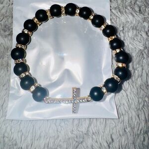 Elegant Black, Gold & Crystal-Beaded Bracelet with Cross Charm- New in Bag